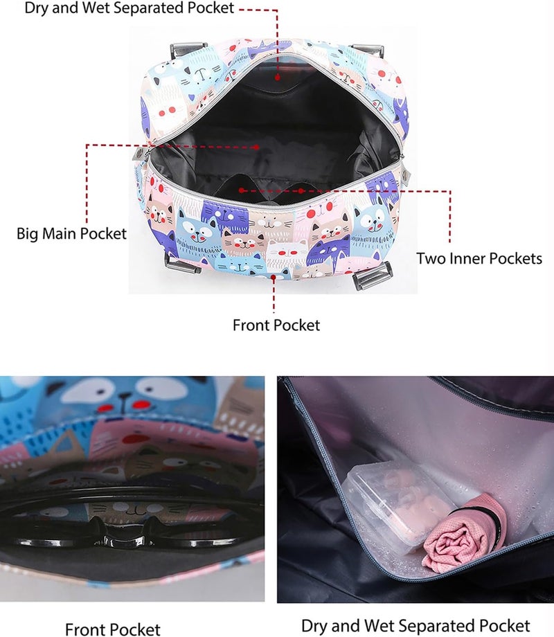 NWLR Travel Duffle Bag Weekender Overnight Bag Gym Tote with Wet Pocket for Women Girls Workout Duffel Bag Water Resistant (W-Cute Cats+Toiletry Bag) - Image 4